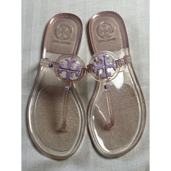 Tory Burch Womens Jelly Thong Flip Flops Clear Sandals Purple Logo Size 5 - Picture 1 of 5